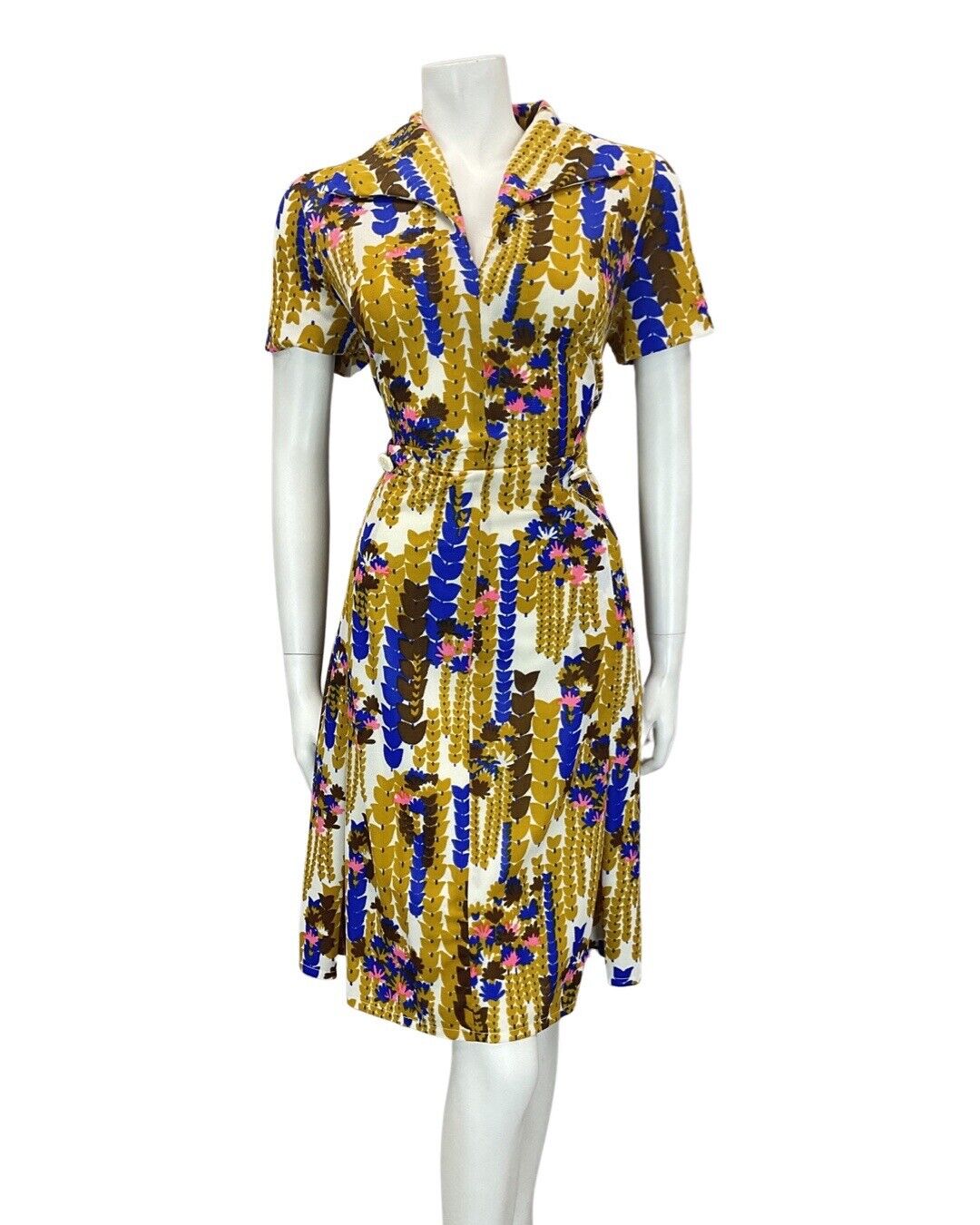 VINTAGE 60s 70s GOLD BLUE PINK FLORAL MOD WING COLLAR SHIRT DRESS 12 14