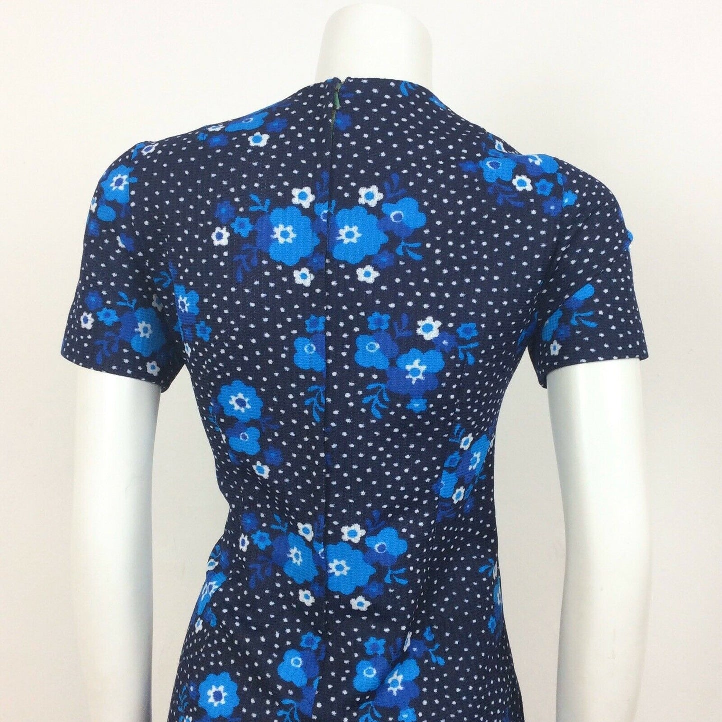 60S VINTAGE NAVY BLUE WHITE FLOWER DAISY PRINT PSYCHEDELIC DRESS 12 14