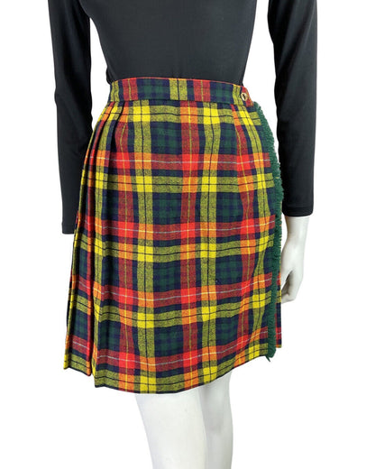 VINTAGE 60s 70s GREEN YELLOW RED TARTAN MOD TASSELED WOOL KILT SKIRT 8