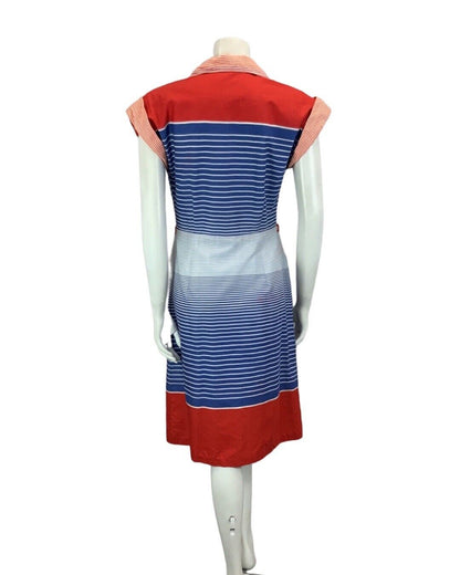 VINTAGE 60s 70s RED BLUE STRIPED COTTON BUTTON DOWN SUMMER SHIRT DRESS 10