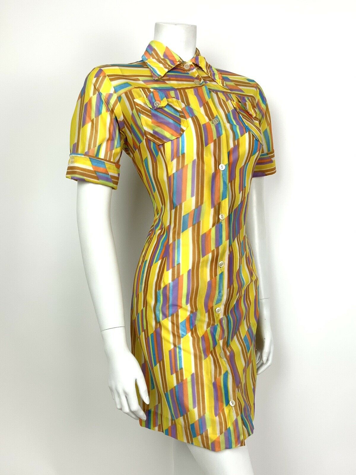 VINTAGE 60s 70s YELLOW WHITE PURPLE BLUE STRIPED DAGGER COLLAR SHIRT DRESS 10 12