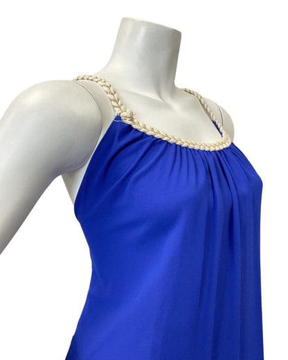 VINTAGE 60s 70s ROYAL BLUE CREAM GOLD BRAIDED STRAPPY SUMMER MAXI DRESS 14 16