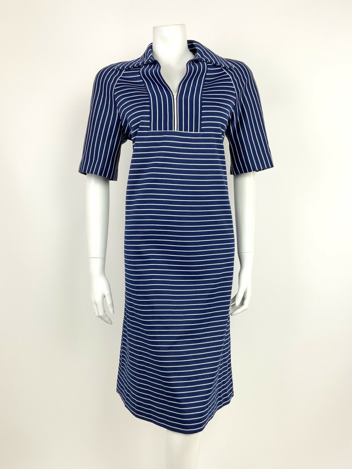 VTG 60s 70s NAVY BLUE WHITE STRIPED WING SHIRT COLLAR SHIFT DRESS 12 14 16