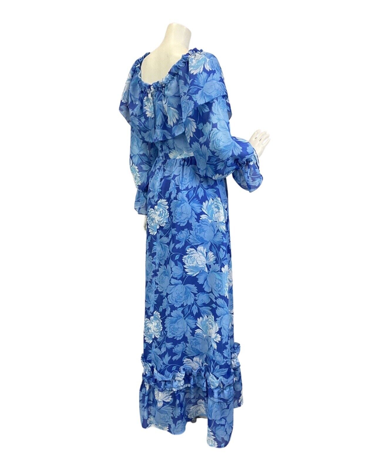 VINTAGE 60s 70s BLUE WHITE PSYCHEDELIC FLORAL RUFFLED PRAIRIE BOHO MAXI DRESS 8