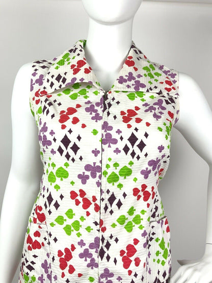 VTG 60s 70s WHITE RED GREEN PURPLE HEART SPADE CLUB DIAMOND MOD MINI DRESS 16