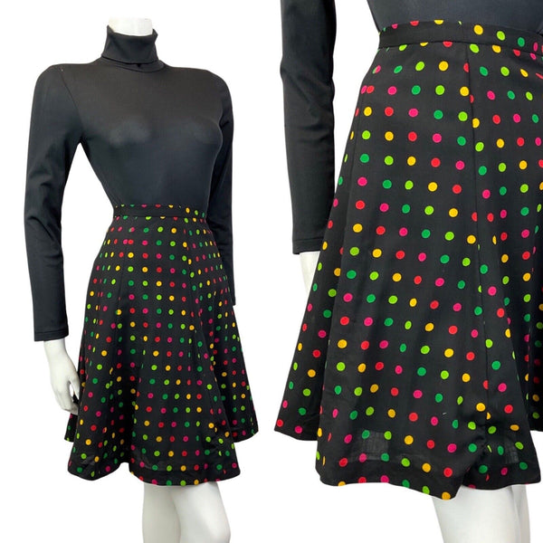 VINTAGE 60s 70s BLACK GREEN YELLOW POLKA-DOT MOD SWING MINI SKIRT 8