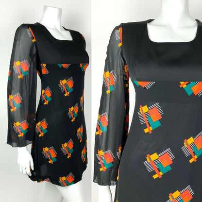VTG 60s 70s BLACK ORANGE GREEN GEOMETRIC SHEER ANGEL SLEEVE EMPIRE LINE DRESS 8