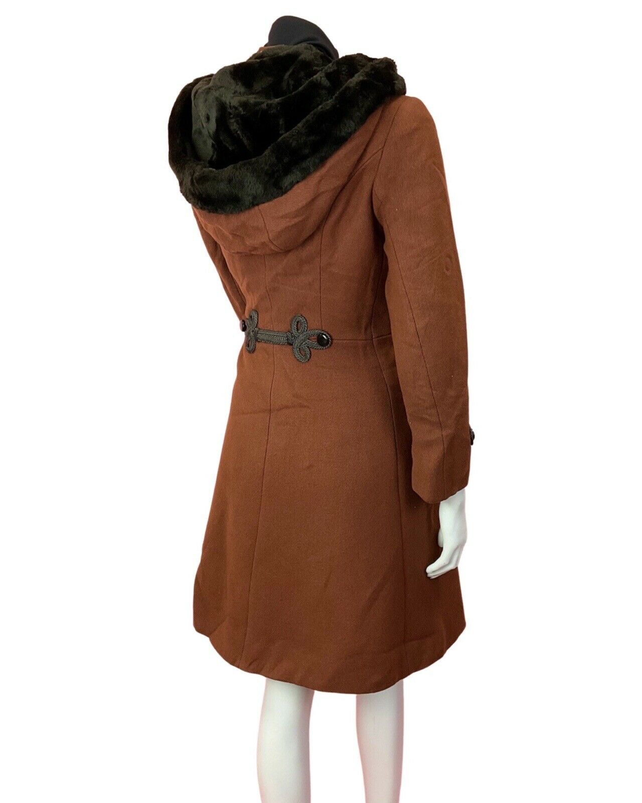 VINTAGE 60s 70s RUST ORANGE BROWN BROCADE FAUX FUR HOODED PRINCESS COAT 8 10