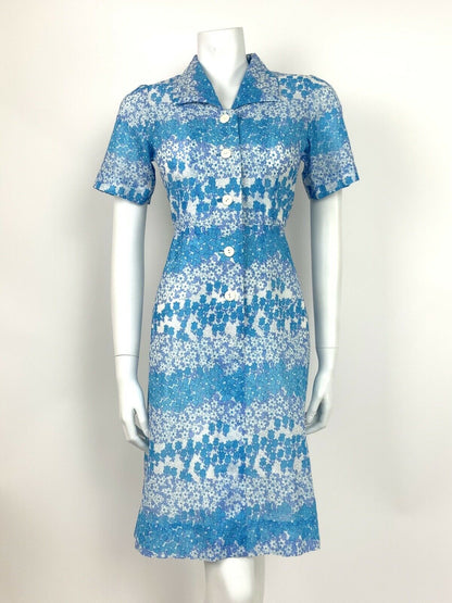 VTG 60s 70s BLUE WHITE DAISY FLORAL LACE BRODERIE SHIRT DRESS SUMMER 10 12