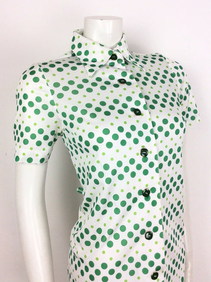 VINTAGE 60s 70s POLKA DOT SPOTTY WHITE GREEN SHIRT DRESS 8 10