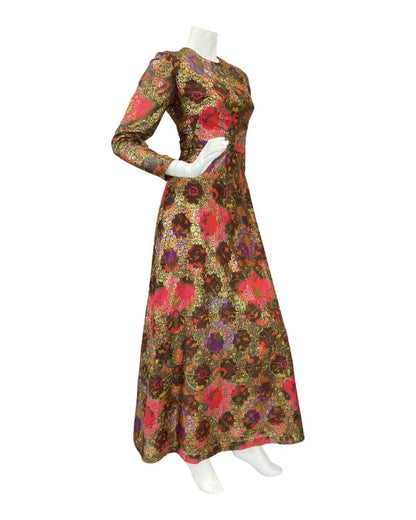 VINTAGE 60s 70s BROWN RED GOLD FLORAL SPOTTED MOD PARTY DISCO MAXI DRESS 8 10