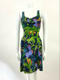 VINTAGE 60s 70s BLUE GREEN PINK PURPLE PALM TREE CACTUS PARROT JUNGLE DRESS 6 8