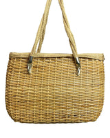 VINTAGE 70s BROWN CREAM RATTAN WICKER BOHO BASKET SHOULDER BAG