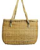 VINTAGE 70s BROWN CREAM RATTAN WICKER BOHO BASKET SHOULDER BAG