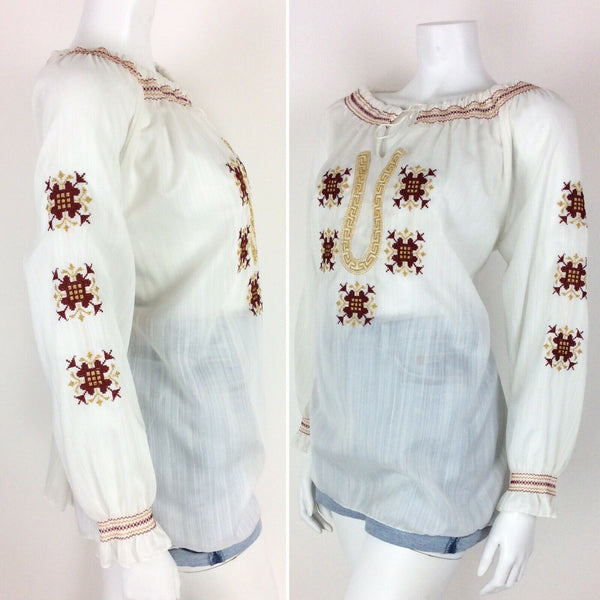 VTG 70s ETHNIC WHITE PEASANT BLOUSE RED GOLD EMBROIDERED MEANDROS GRECIAN 12 14