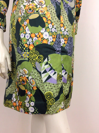 VINTAGE 70s ABSTRACT PSYCHEDELIC SHIRT DRESS GREEN PURPLE YELLOW SWIRL 12 14