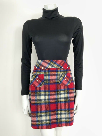 VINTAGE 60s 70s BLUE RED WHITE YELLOW WOOL TARTAN A-LINE MOD SHORT SKIRT 10