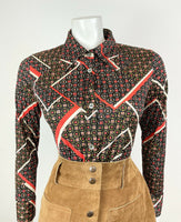 VTG 60s 70s BLACK WHITE RED GEOMETRIC STRIPED DOTTY DAGGER SHIRT BLOUSE 10 12