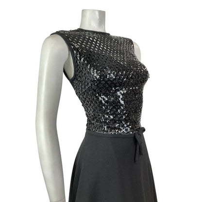 VINTAGE 60s 70s BLACK SEQUIN DISCO GLAM PARTY SLEEVELESS MOD SWING DRESS 10