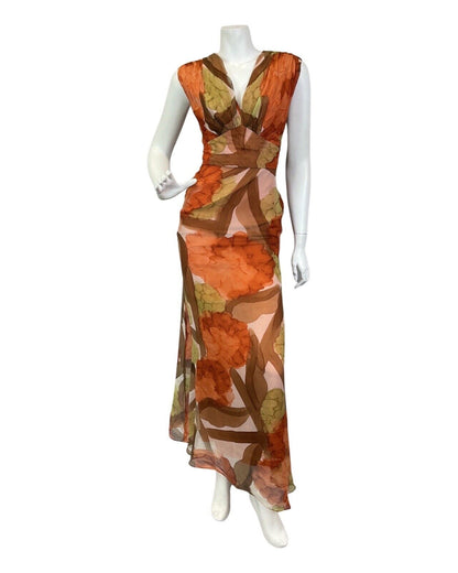 VINTAGE 60s 70s ORANGE BROWN GREEN PSYCHEDELIC ABSTRACT SUMMER MAXI DRESS 10