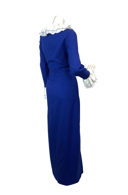 VINTAGE 60s 70s ROYAL BLUE WHITE RUFFLED MOD MAXI DRESS 10