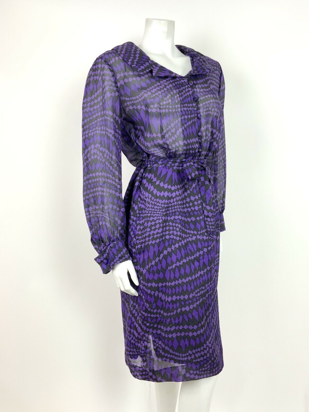 VTG 60s 70s BLACK PURPLE DIAMOND WAVY PSYCHEDELIC SHEER SHIRT DRESS 12 14