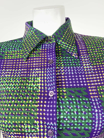 VINTAGE 60s 70s PURPLE GREEN YELLOW WHITE CHECKERED PLAID DAGGER SHIRT 8 10