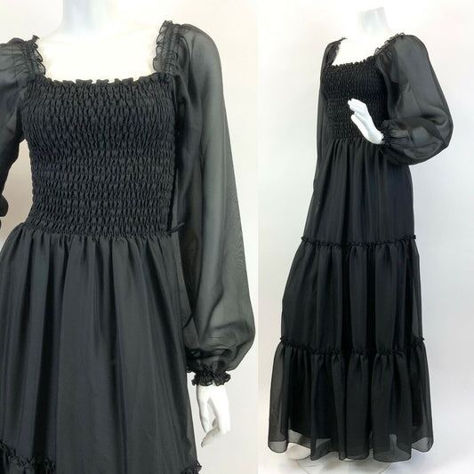 VINTAGE 60s 70s BLACK SHEER PUFF SLEEVE SHIRRED BOHO FOLK MAXI DRESS 4 6