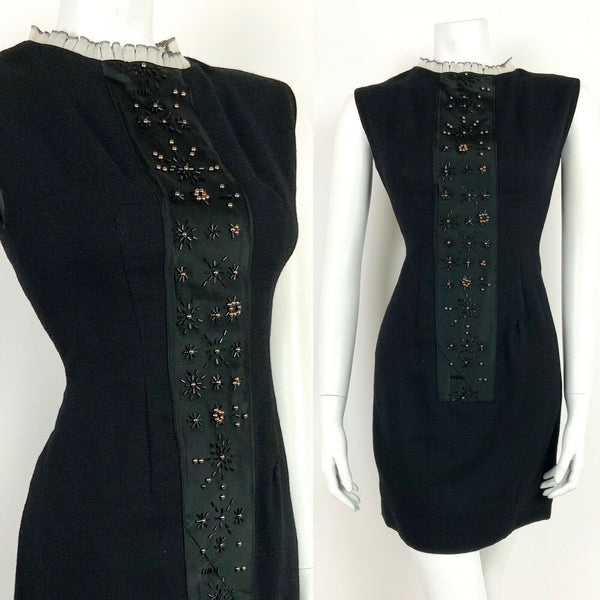 VINTAGE 60s 70s BLACK GOLD WHITE RUFFLED BEADED STAR TUNIC DRESS 8