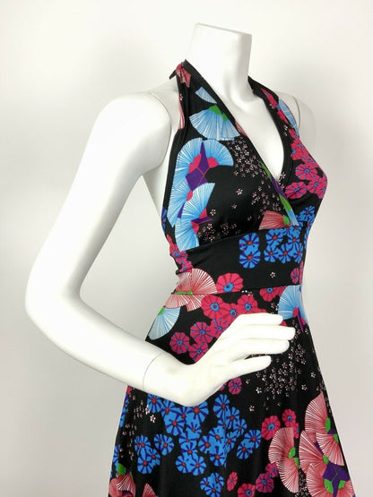 VINTAGE 60s 70s BLACK BLUE PINK JAPANESE FLORAL HALTER SUMMER MAXI DRESS 8 10