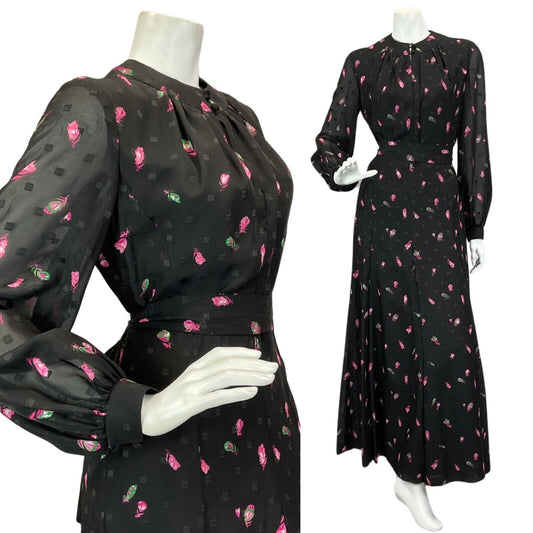 VINTAGE 60s 70s BLACK PINK GREEN FLOWER PRINT BOHO EVENING MAXI DRESS 12