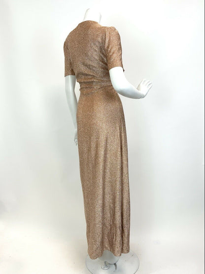 VTG 60s 70s PEACH COPPER METALLIC LUREX GLAM STUDIO 54 PARTY MAXI DRESS 12