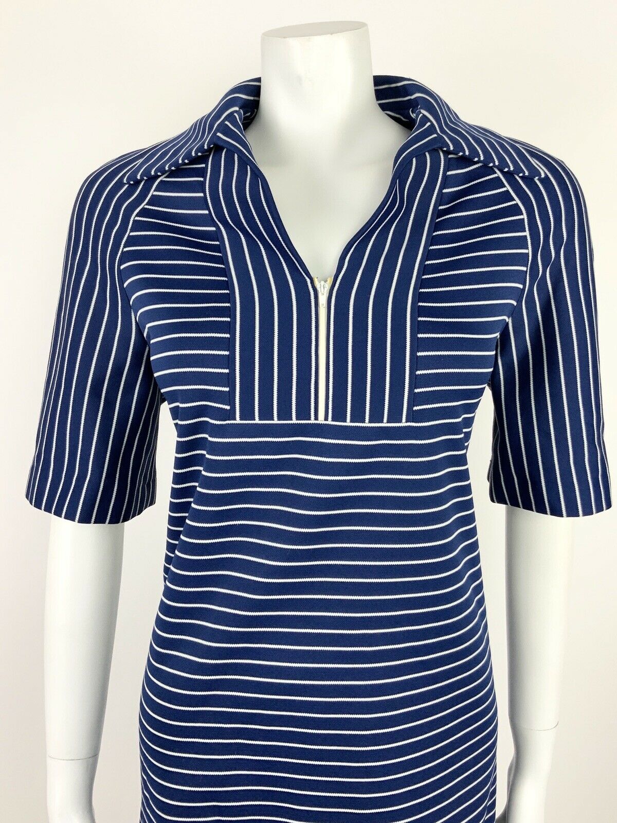 VTG 60s 70s NAVY BLUE WHITE STRIPED WING COLLAR MOD NAUTICAL SHIFT DRESS 14 16