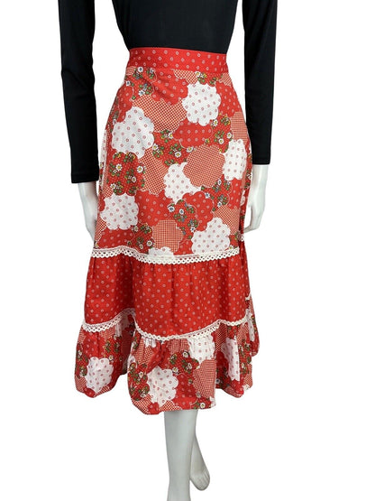 VINTAGE 60s 70s RED WHITE GREEN FLORAL GINGHAM PATCHWORK BOHO FOLK SKIRT 8