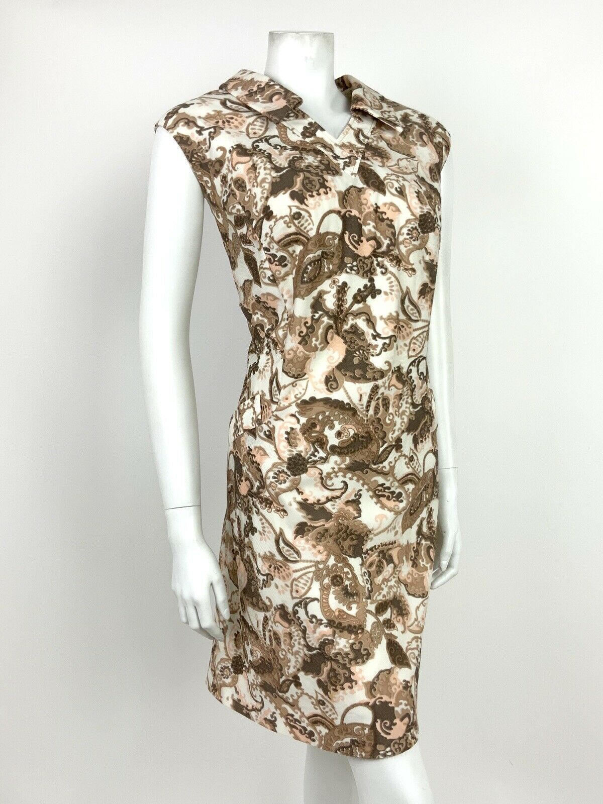 VTG 60s 70s WHITE BEIGE BROWN PINK FLORAL PAISLEY SLEEVELESS SHIFT DRESS 16 18