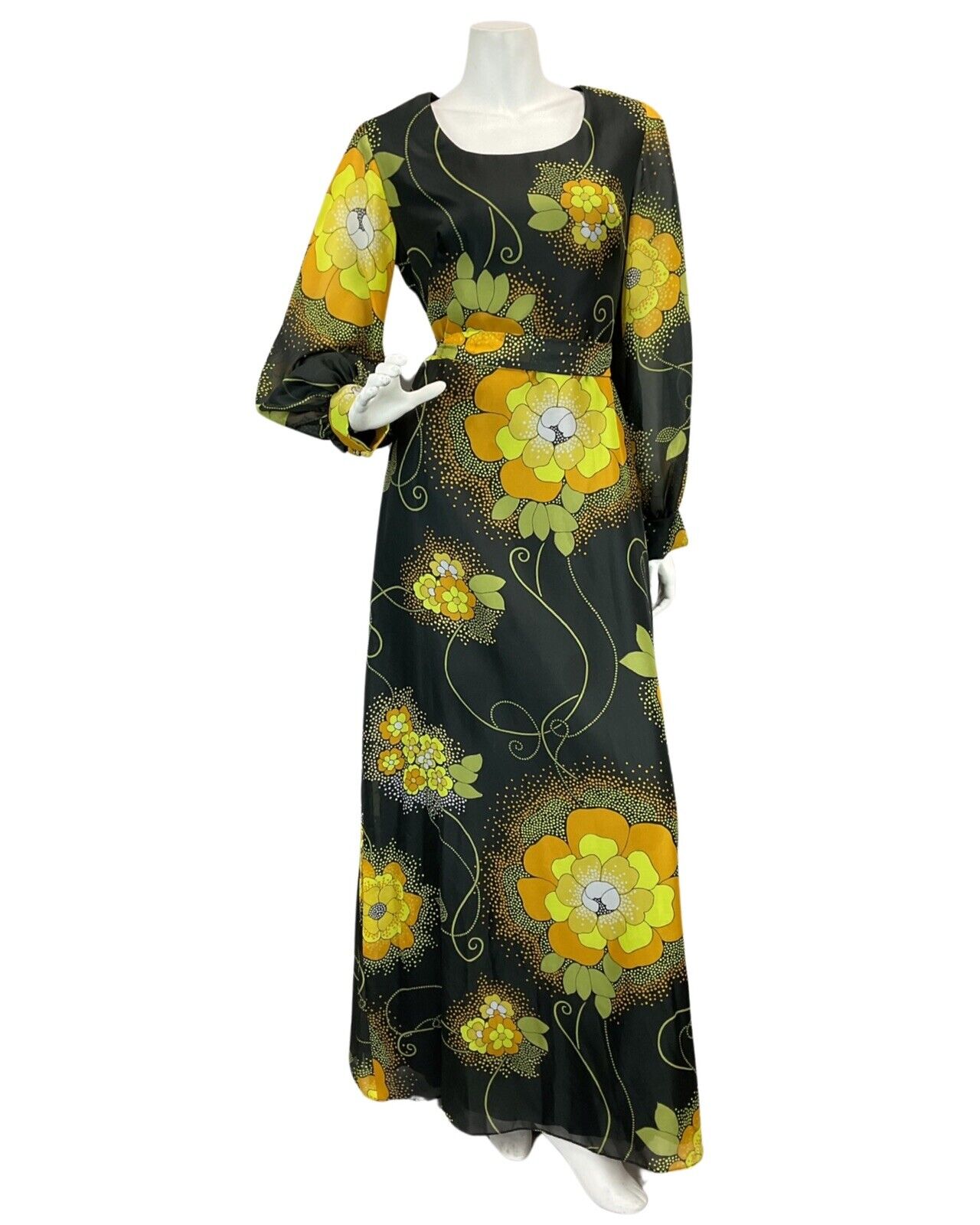 VTG 60s 70s BLACK YELLOW ORANGE FLORAL PRINT PSYCHEDELIC MAXI DRESS 10 12