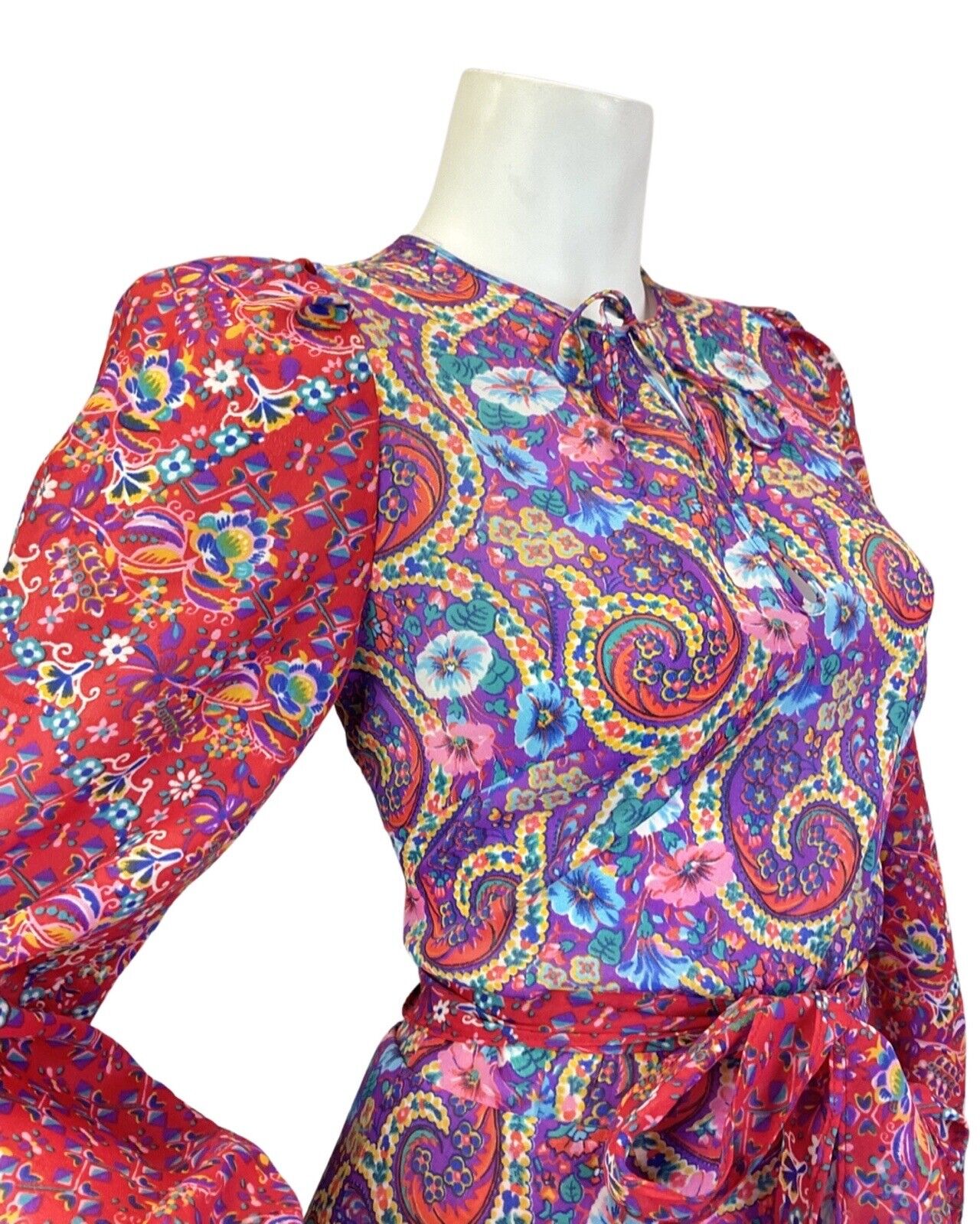 VINTAGE 70s PURPLE RED BLUE  PSYCHEDELIC FLORAL PAISLEY BOHO FOLK MAXI DRESS 8