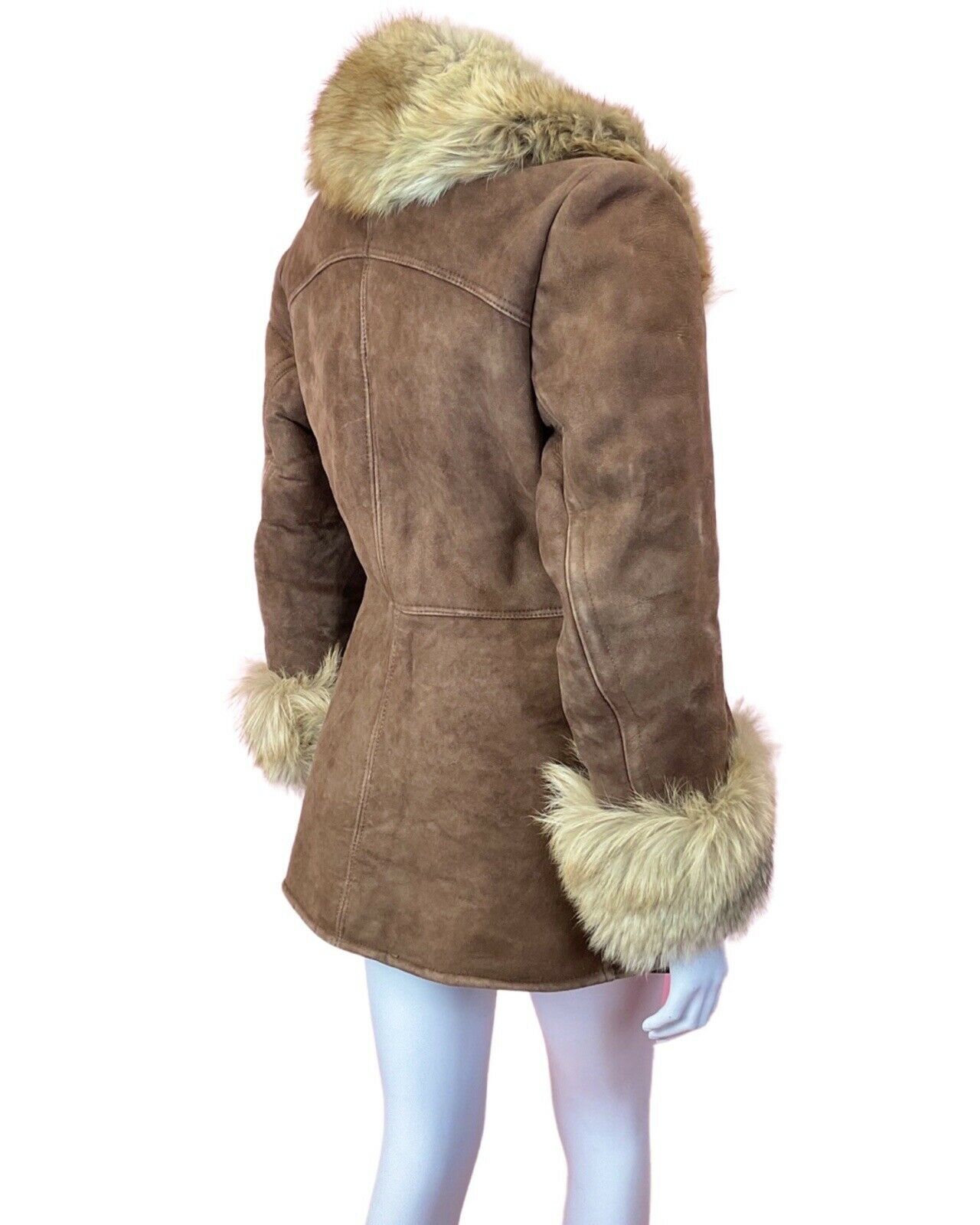 VINTAGE 60s 70s WARM BROWN SUEDE LEATHER FUR COLLAR PENNY SHEARLING COAT 12 14