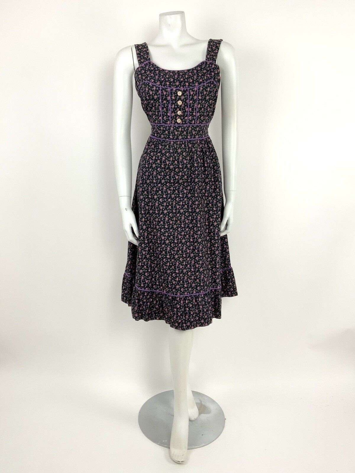 VTG 60s 70s BLACK PINK PURPLE WHITE GREEN FLORAL DITSY FOLK PRAIRIE DRESS 8 10