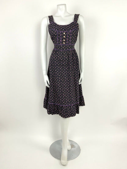 VTG 60s 70s BLACK PINK PURPLE WHITE GREEN FLORAL DITSY FOLK PRAIRIE DRESS 8 10