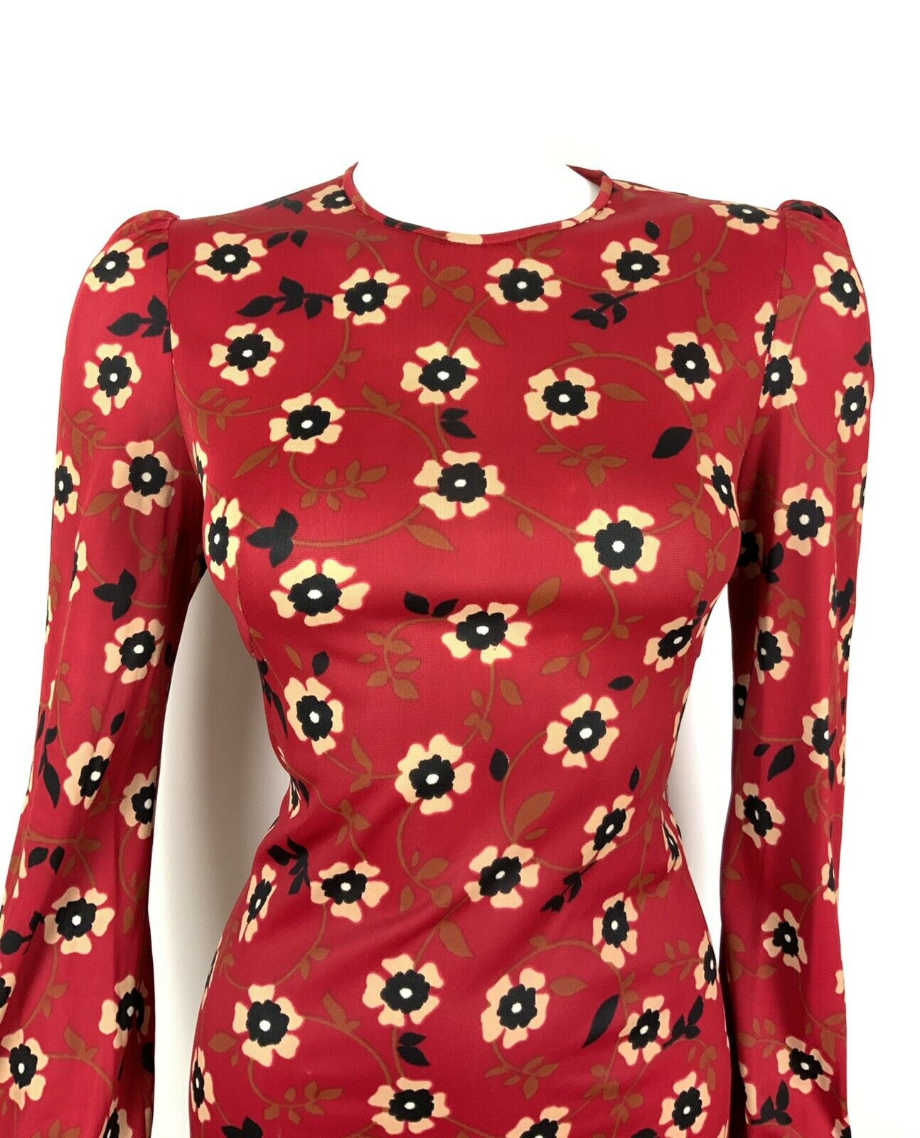 VINTAGE 60s 70s RED BLACK BEIGE FLORAL BOHO FOLK BETTY BARCLAY DRESS 10 12