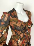 VTG 60s 70s BLACK ORANGE RED GOLD GLITTER LUREX FLORAL SWEETHEART MAXI DRESS 8