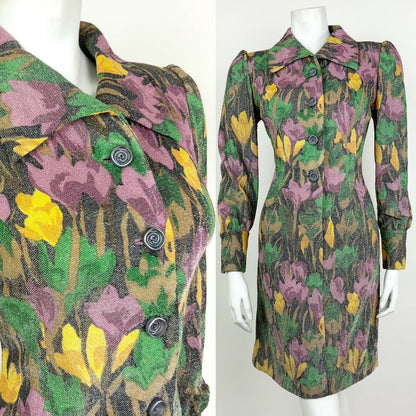 VINTAGE 60s 70s BLACK GREEN YELLOW PURPLE FLORAL SILVER GLITTER SHIRT DRESS 8 10