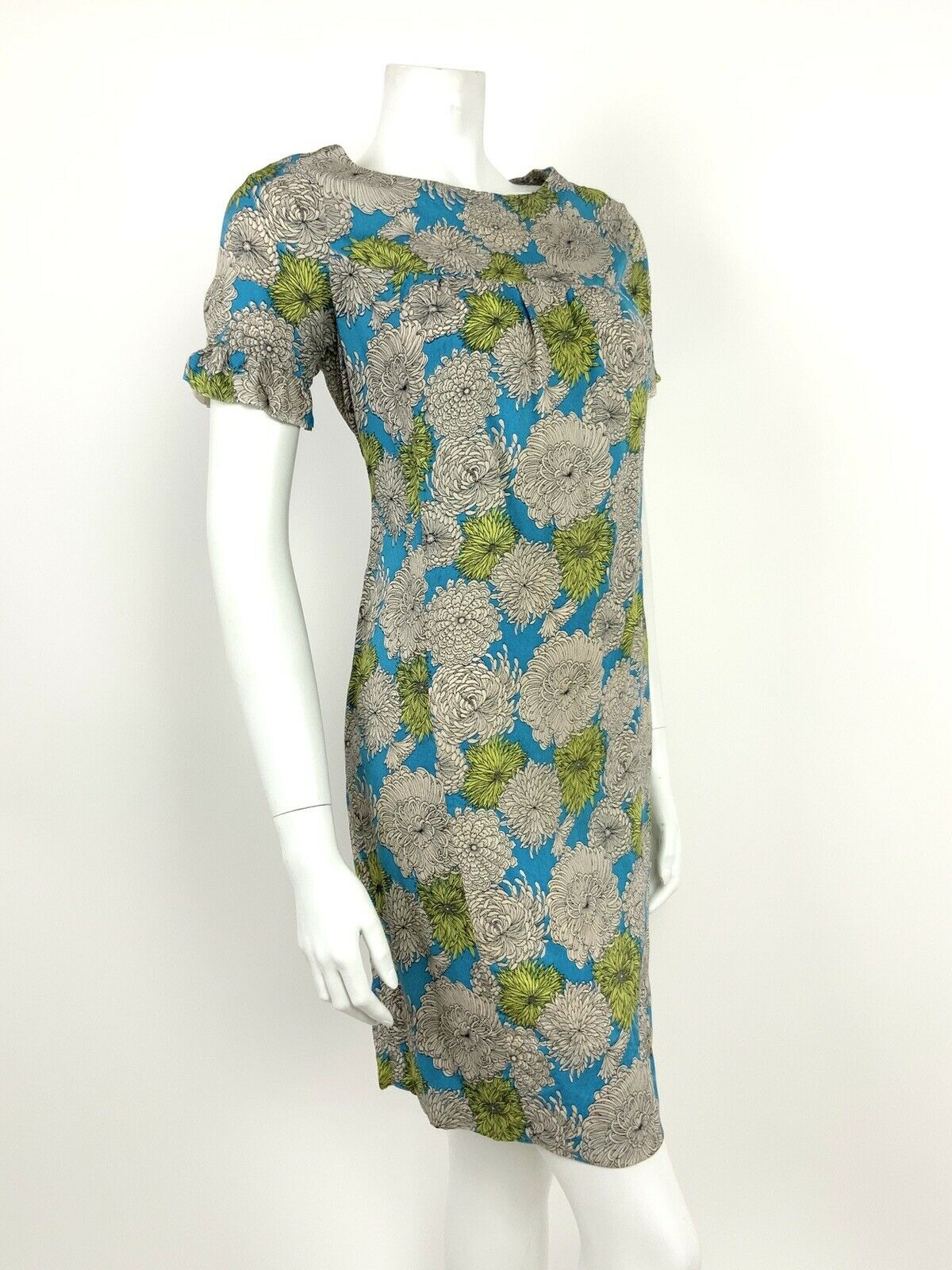 VTG 60s 70s BLUE LIME GREEN CHRYSANTHEMUM  FLORAL PSYCHEDELIC SHIFT DRESS 10 12