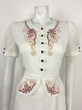 VTG 60s 70s WHITE PURPLE ORANGE EMBROIDERED FLORAL FOLK PAISLEY PEPLUM DRESS 14