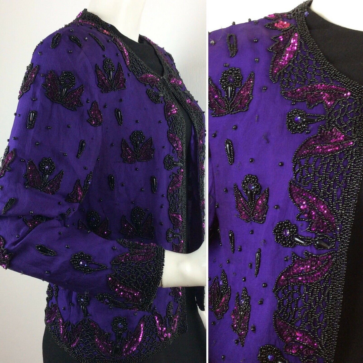 VINTAGE 70S 80S PURPLE EVENING PARTY BLACK PINK BEAD FLOWER TROPHY JACKET 10 12