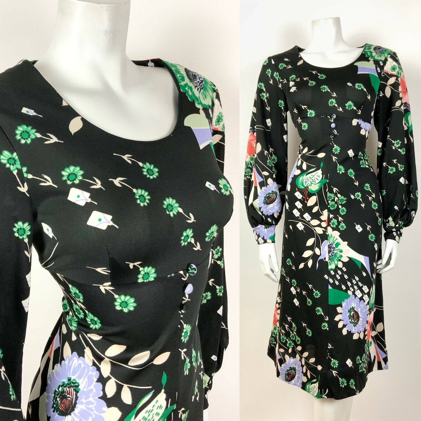 VINTAGE 60s 70s BLACK GREEN PURPLE PINK FLORAL PUFF SLEEVE DRESS 12 14