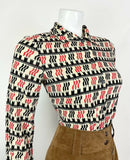 VTG 60s 70s CREAM BLACK RED STRIPED GEOMETRIC MOD DAGGER SHIRT BLOUSE TOP 10 12