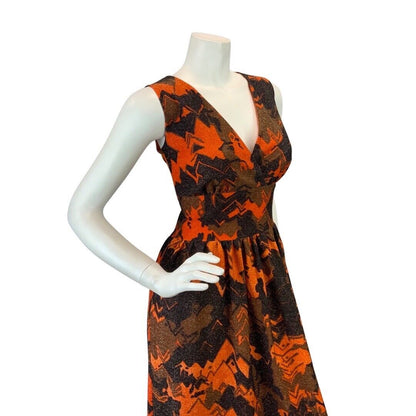 VINTAGE 60s 70s ORANGE BROWN BLACK ABSTRACT GEOMETRIC SLEEVELESS MAXI DRESS 10