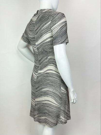 VINTAGE 60s 70s SILVER BLACK WHITE STRIPED LUREX PARTY GLAM SHIRT DRESS 16